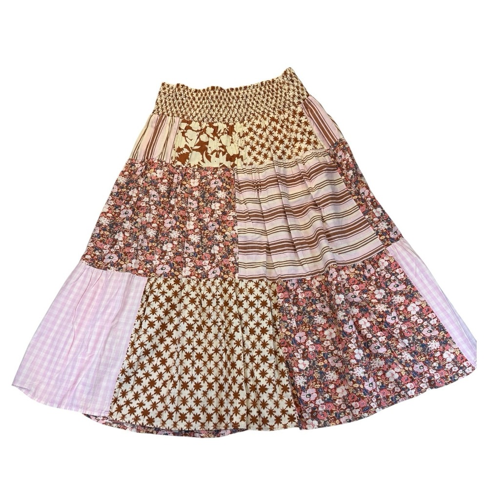 Universal Thread Sz 1X Patchwork Midi Brown Pink Skirt Boho Peasant Broomstick